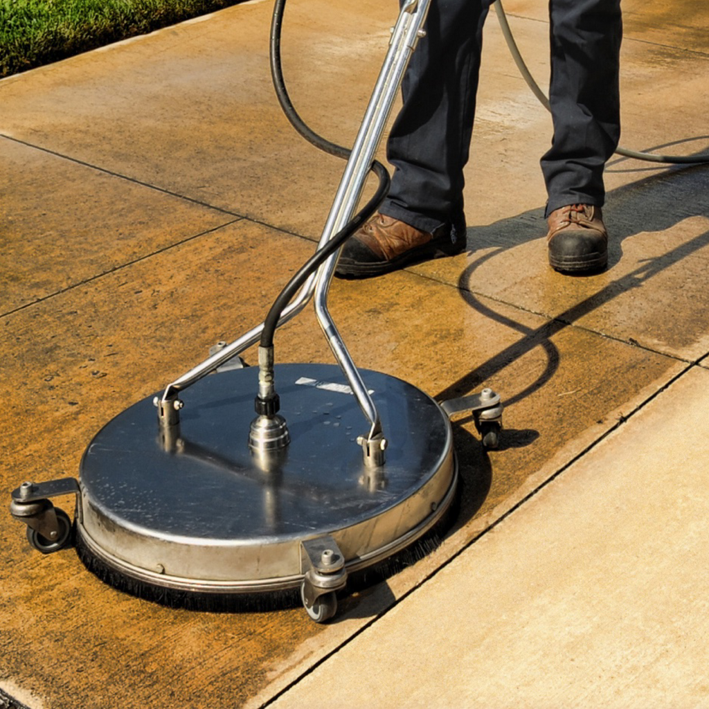 A dirty concrete driveway surface is cleaned by a technician using a concrete scrubber machine.