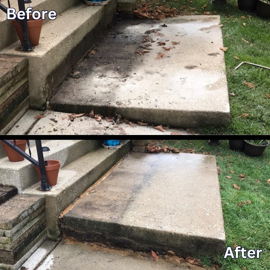 A before and after image showcasing a front stoop that has settled, and the results after having it raised.