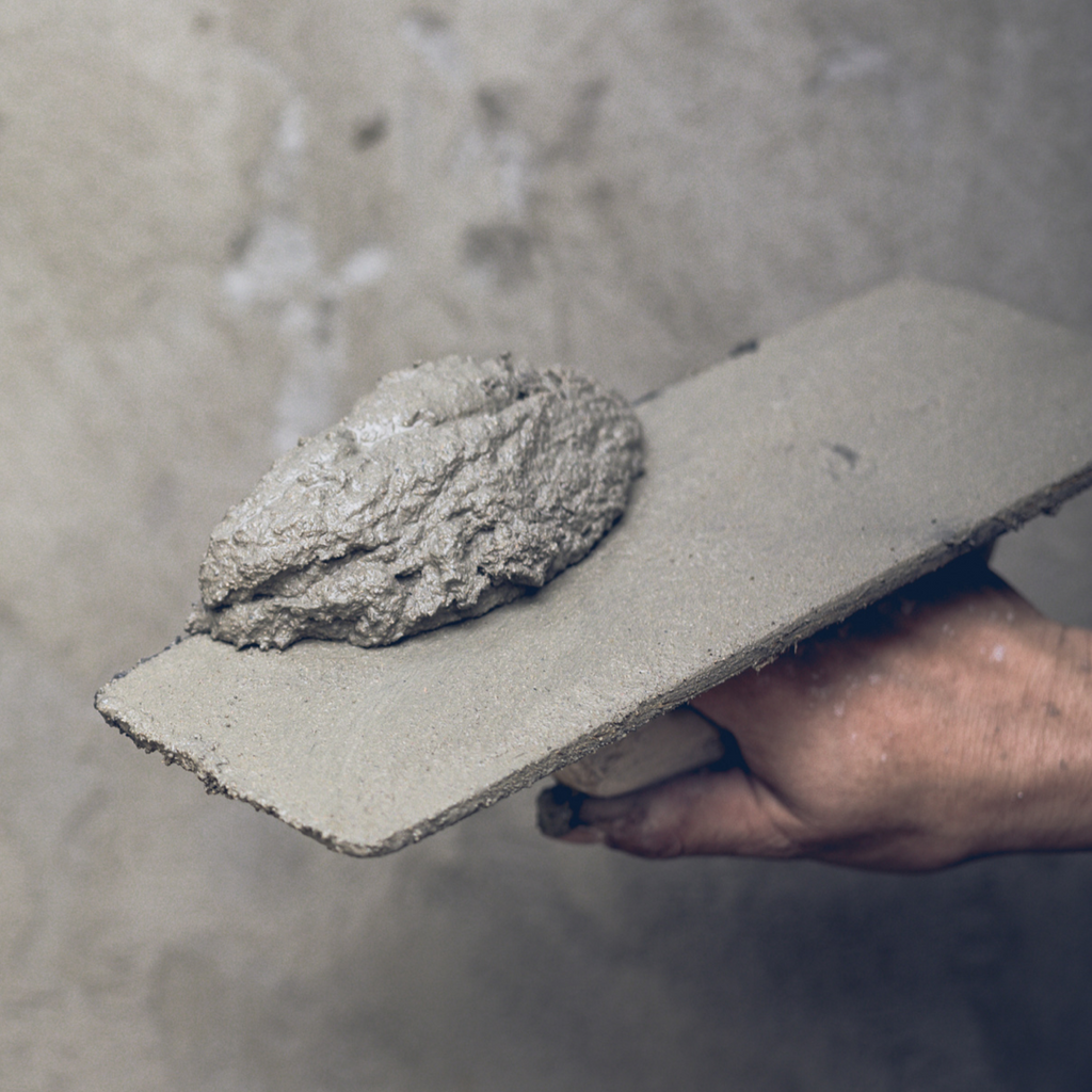 A trowel is being used to scoop fresh concrete in preparation for patching an injection hole.