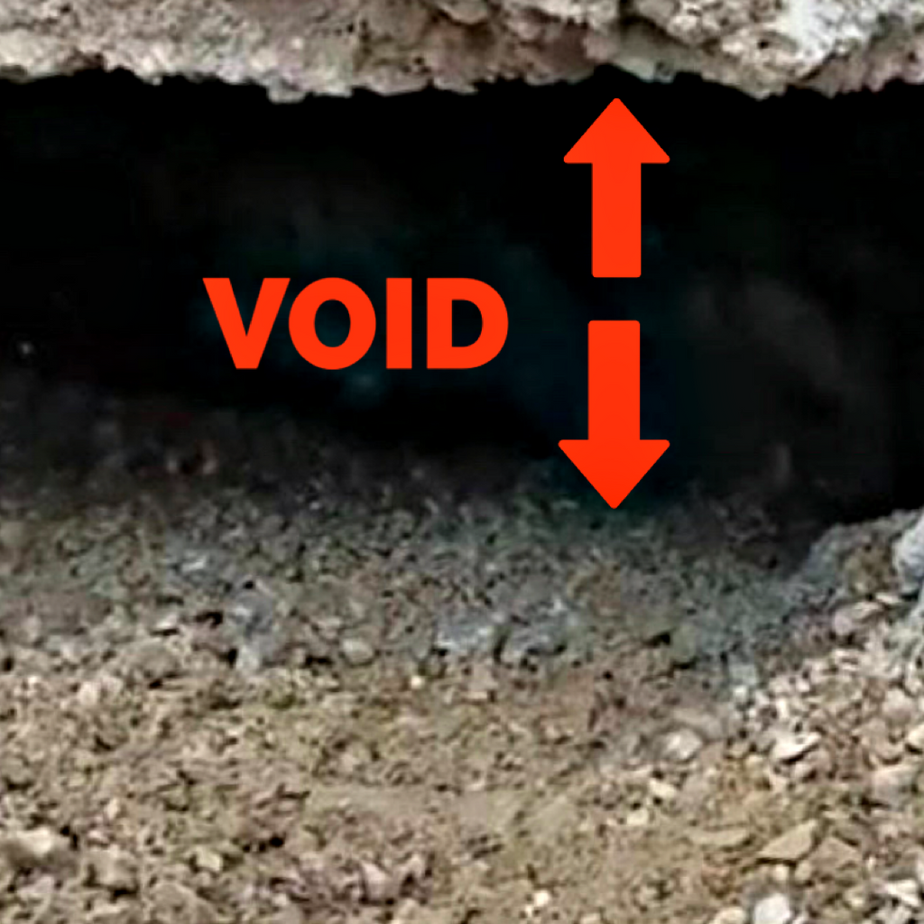 A concrete slab is suspended above its subbase. A red graphic "void" is used to show the empty space that is beneath the concrete.