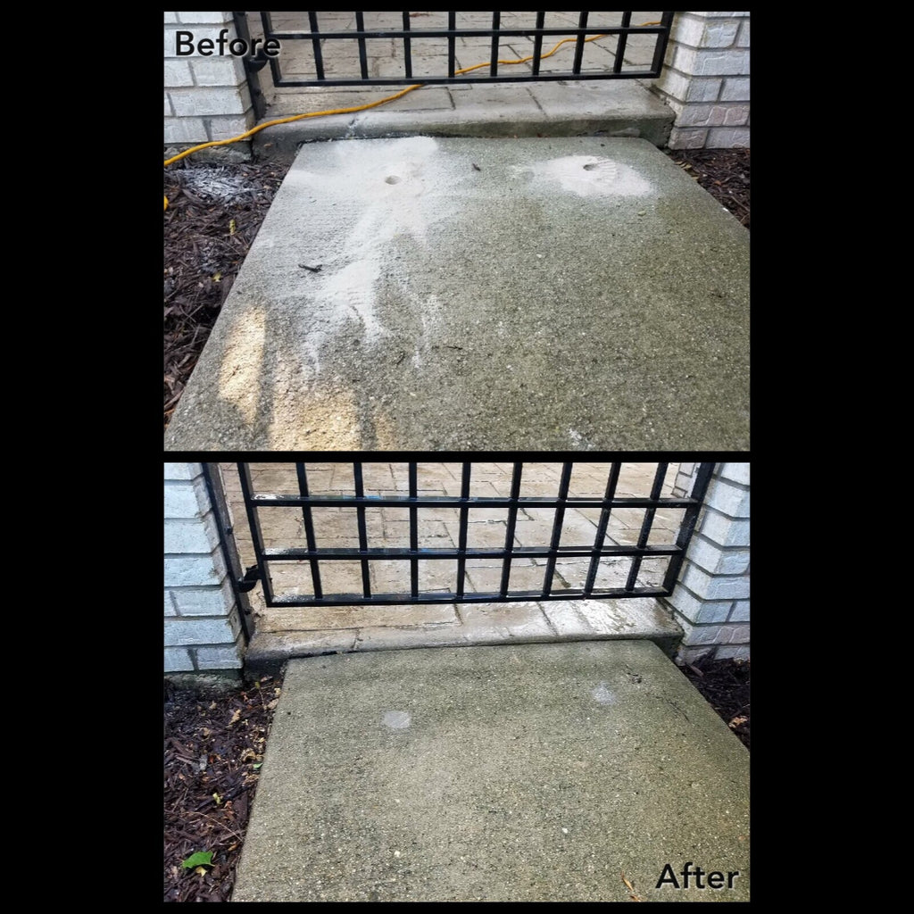 Before and after images of a front sidewalk panel that has settled and created a trip hazard and the results of lifting the concrete to repair the settlement and eliminate the trip hazard.