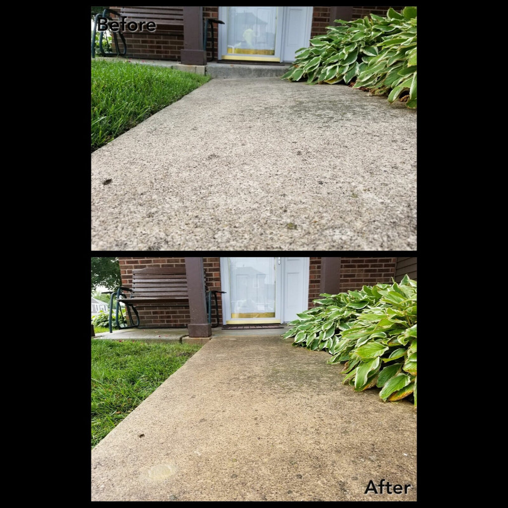 A before and after image showing a front walkway that had settled to the side causing and slant and the results of lifting and leveling the concrete to restore it.