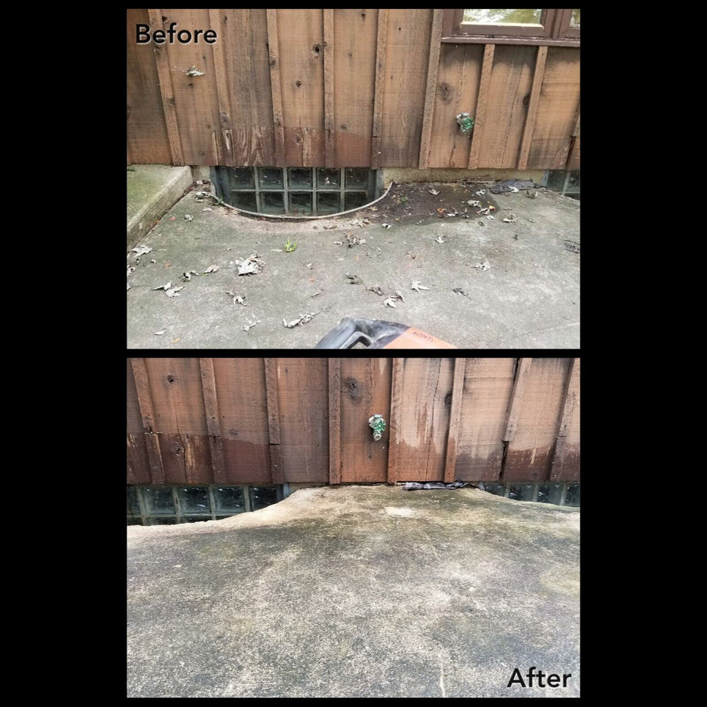 A before and after showcase depicting a patio slab that had settled inward on a foundation with negative grade and the results after it was lifted and restored.