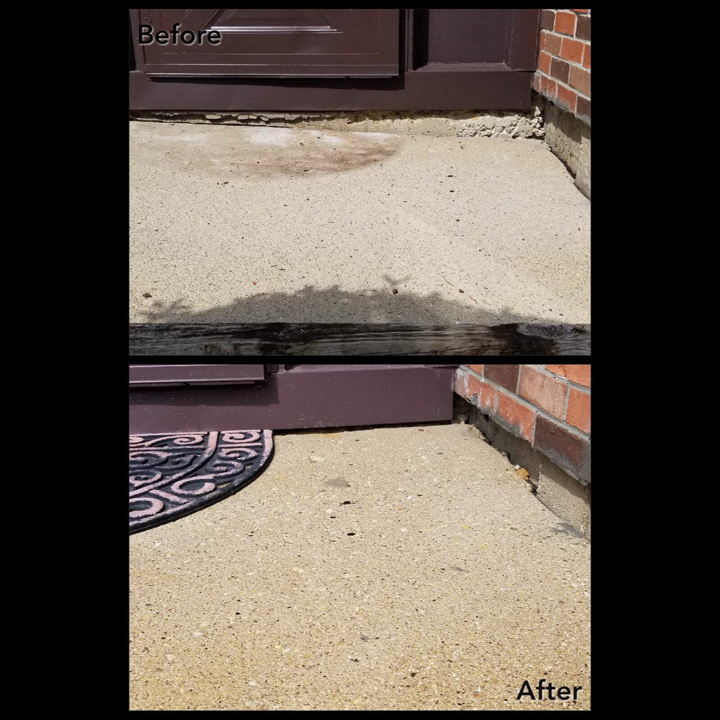 A before and after showing a front stoop that has settled and leans to the right side and the results of lifting to level and restore the concrete.