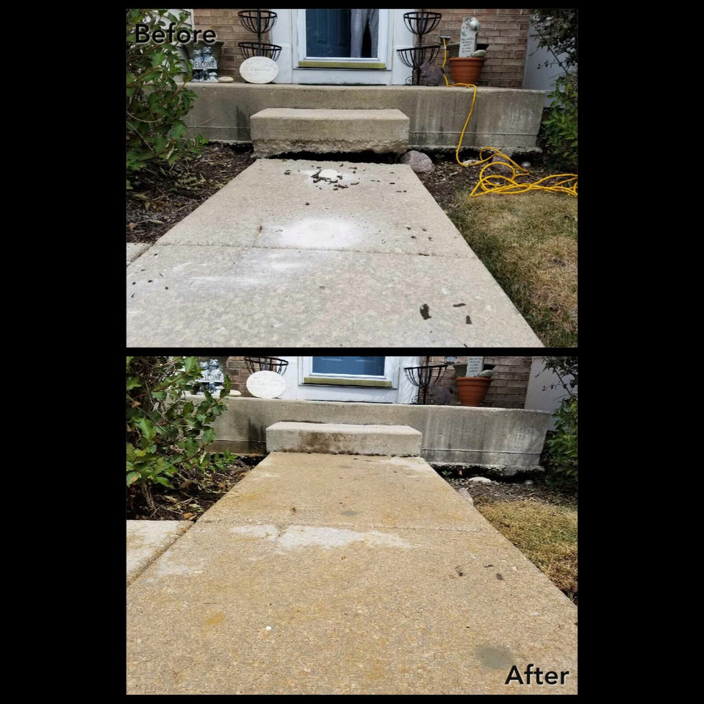 A front walkway before and after showcasing a settled front walk that has been lifted to restore the concretes original height.
