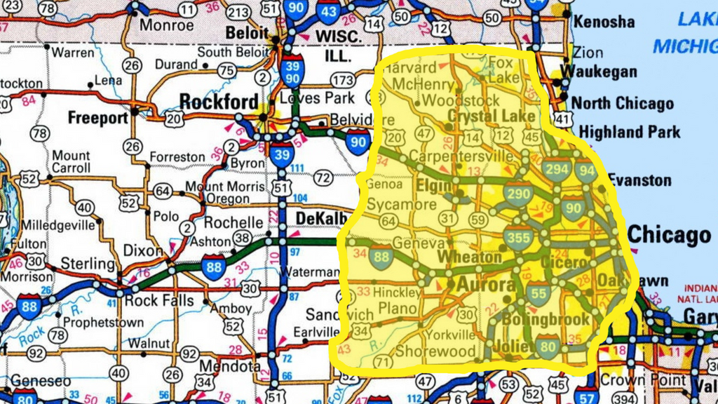 A map of the Chicagoland area with an area shaded in yellow highlight to depict the areas that are serviced.
