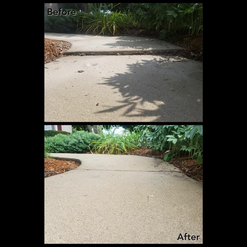 A front side walk that has settled and created a tripping hazard and the results after raising and correcting the trip hazard.