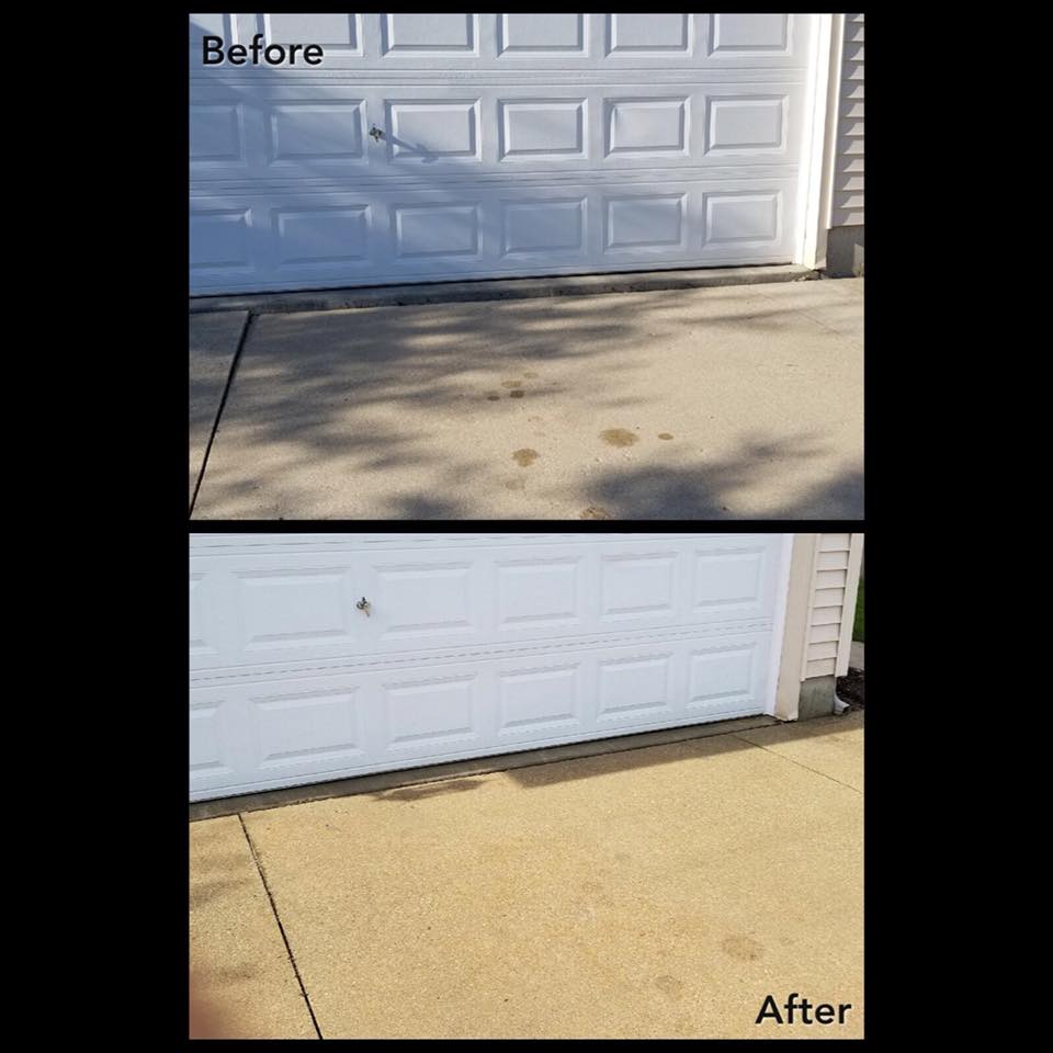 A before and after showcase image displaying a driveway that has settled several inches on the approach to the garage and the results after raising the slabs to their original height.