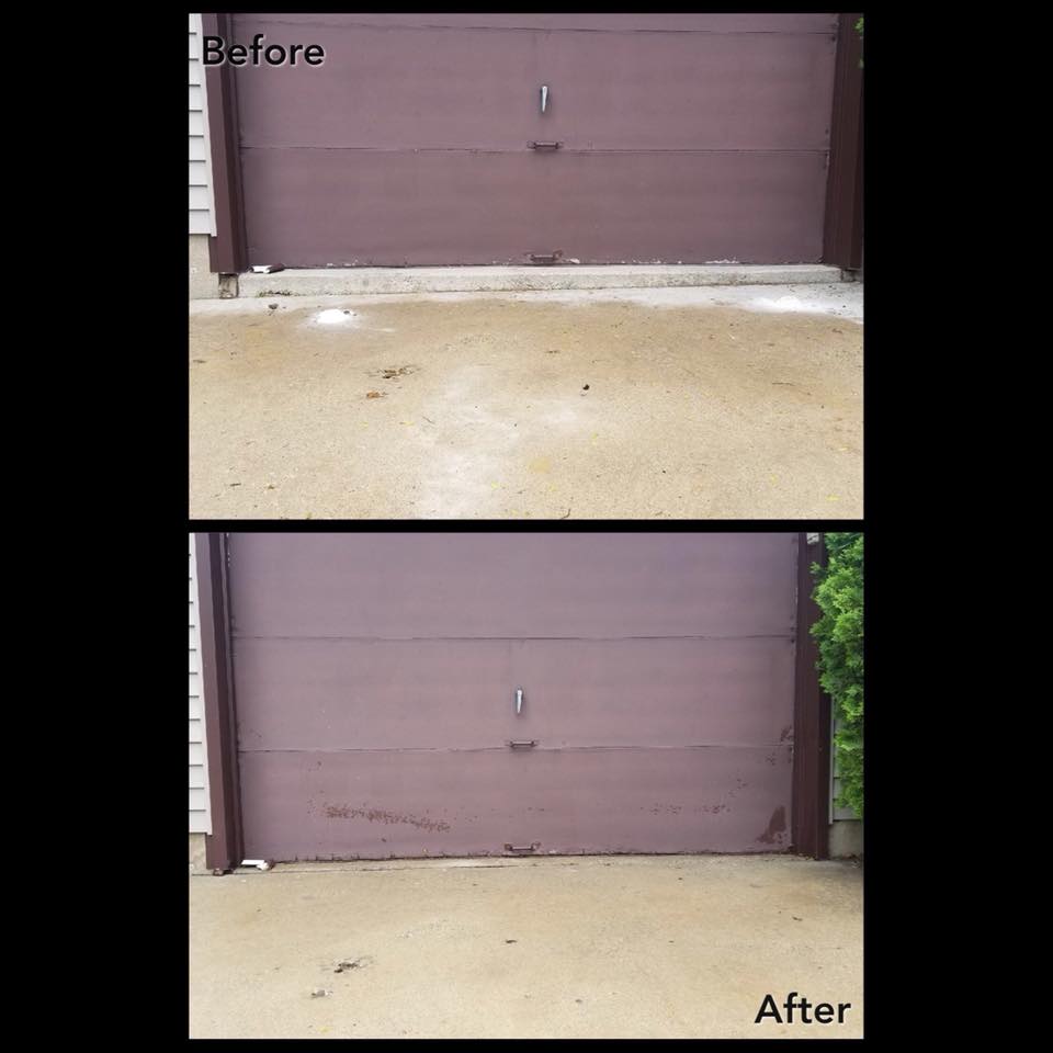A before and after that displays a settled drive approach into a garage and the results after lifting the concrete to be even at the garage floor.