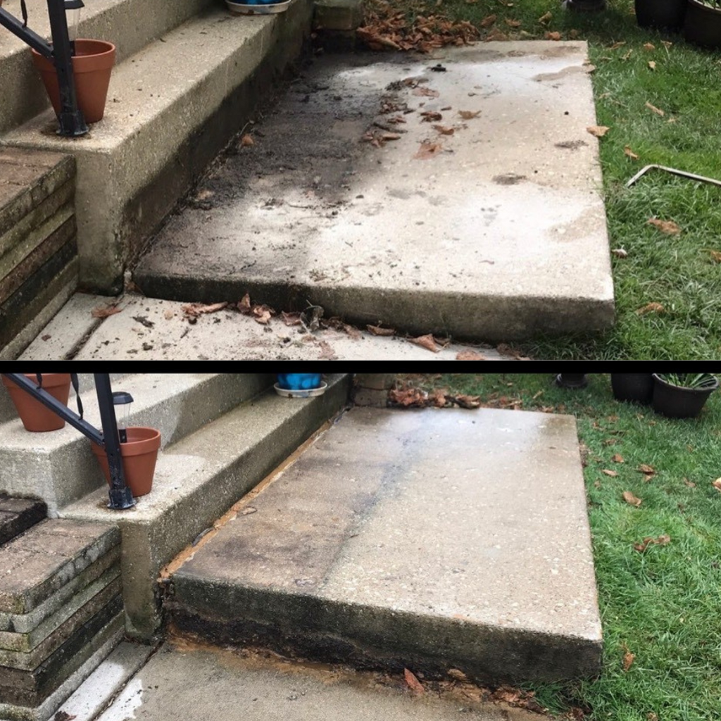 A set of before and after pictures showing a settled concrete landing that has been lifted back into place.