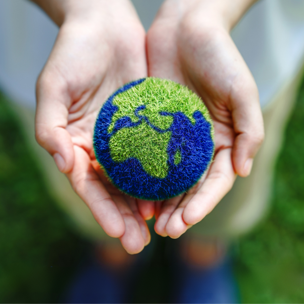 Hands holding a small globe to promote a safe and eco-friendly solution.